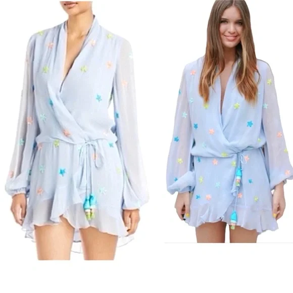 Rococo Sand Georgette Sequin Star Blue Mini Dress Size XL - Picture 2 of 13